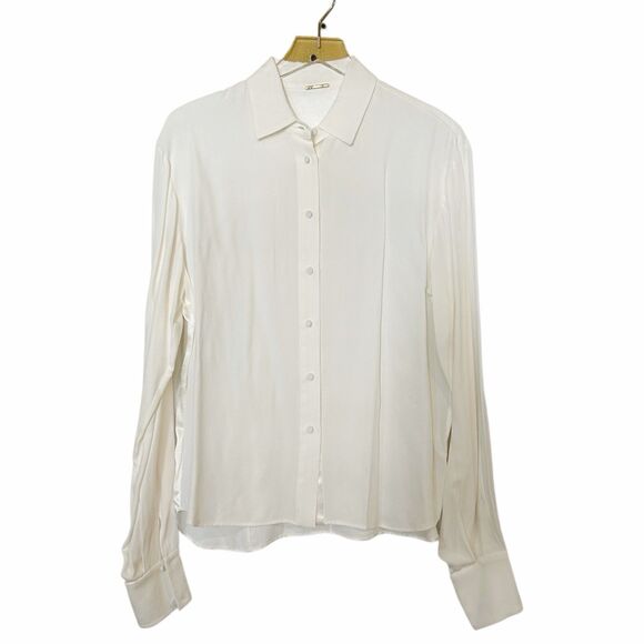 Alexis Silky Button Down Blouse Back Slits LS Sz M Ivory - Picture 1 of 5